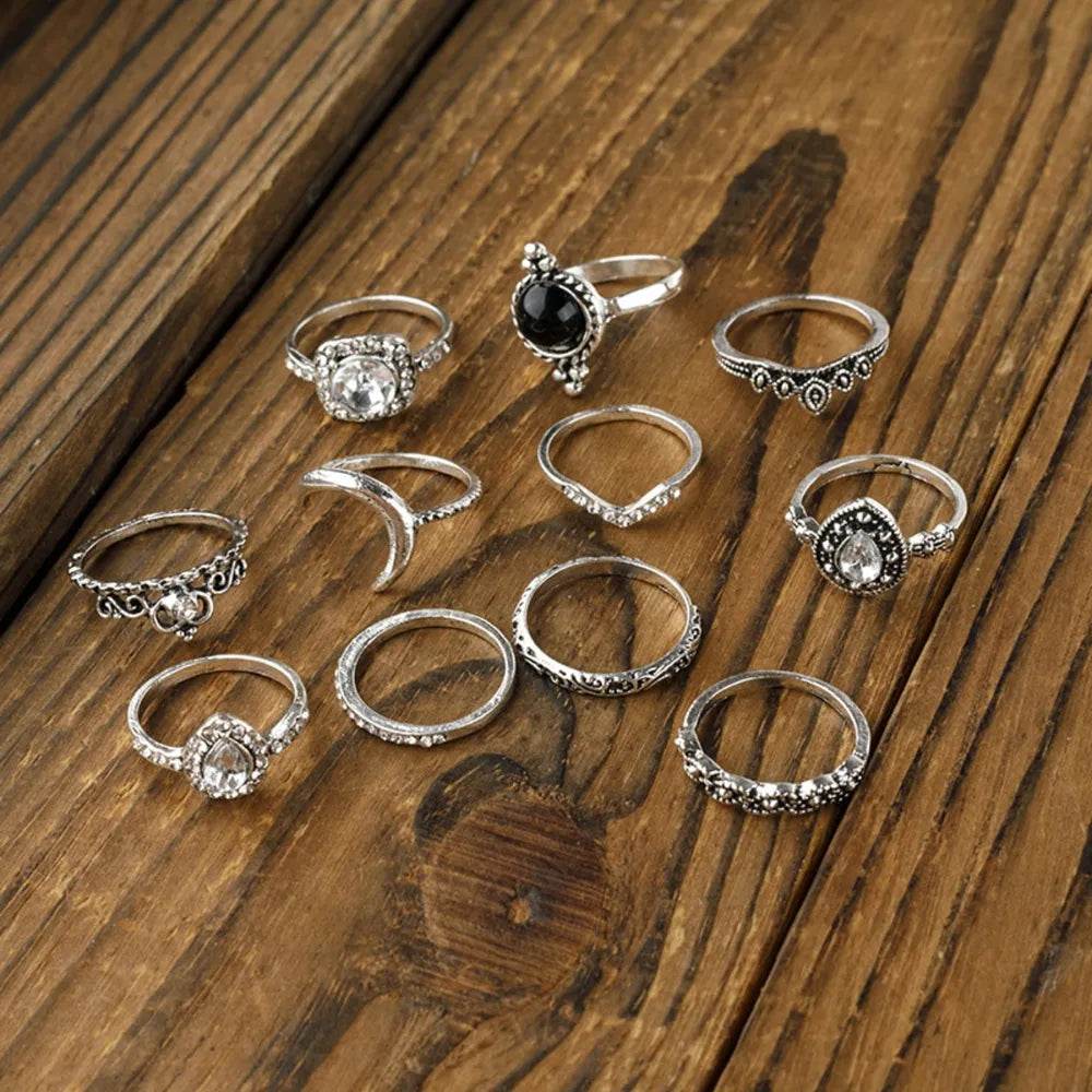 11-Piece Alloy Ring Set with Synthetic Crystals - Elegant Fashion Jewelry Collection