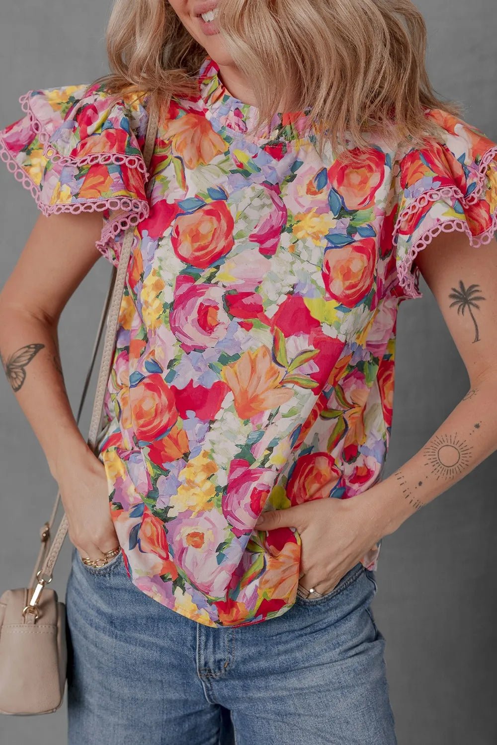 Ruffle Cap Sleeve Floral Blouse with Lace Trim - 100% Cotton, Opaque, Machine Washable