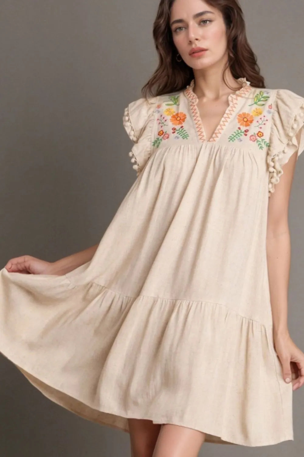 Floral Embroidery Pom Pom Ruffle Sleeves Mini Dress