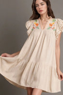 Floral Embroidery Pom Pom Ruffle Sleeves Mini Dress