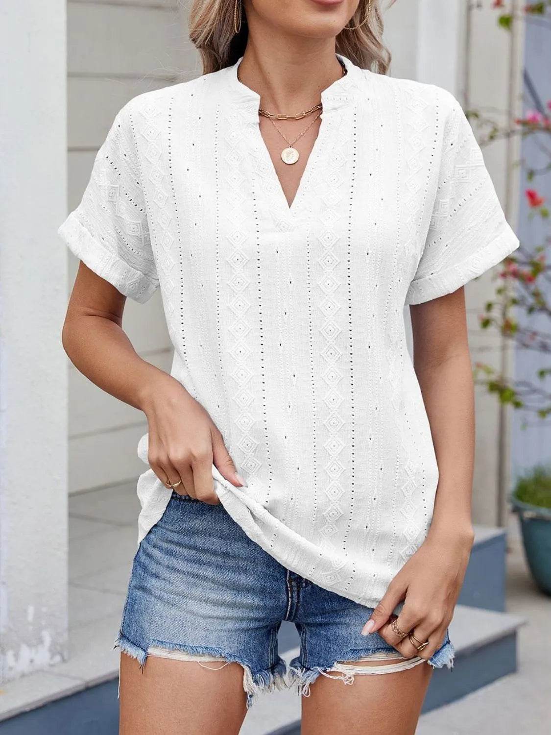 Trendy Eyelet Notched Short Sleeve Top in 65% Rayon - Stylish & Versatile Women's Wear - Store 42