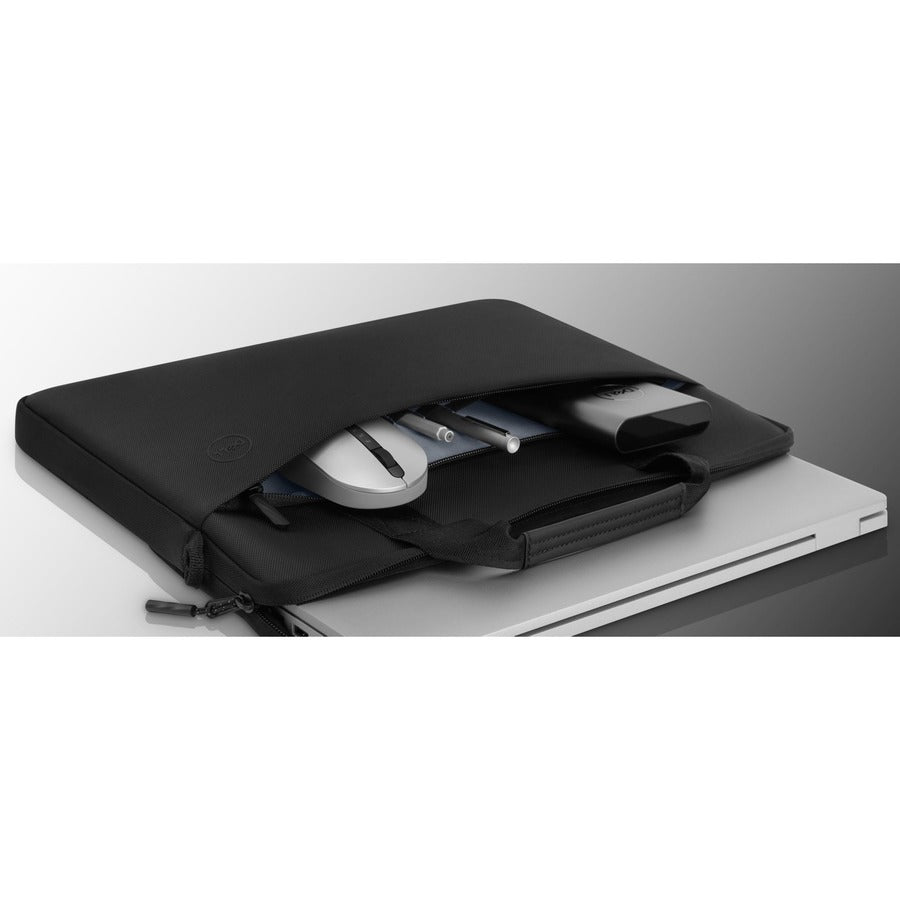 Dell EcoLoop Black Sleeve Case for 11-14 Inch Notebooks, showcasing its spacious interior with accessories organized neatly inside, perfect for on-the-go productivity.