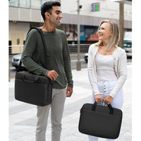 Two individuals smiling while showcasing the Dell EcoLoop Pro 16" Notebook Carrying Case, highlighting its versatile carrying options in an urban setting.