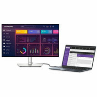 Dell U2424HE 23.8" FHD Monitor connected to a laptop, displaying an interactive dashboard to highlight its powerful USB-C connectivity for seamless multitasking.
