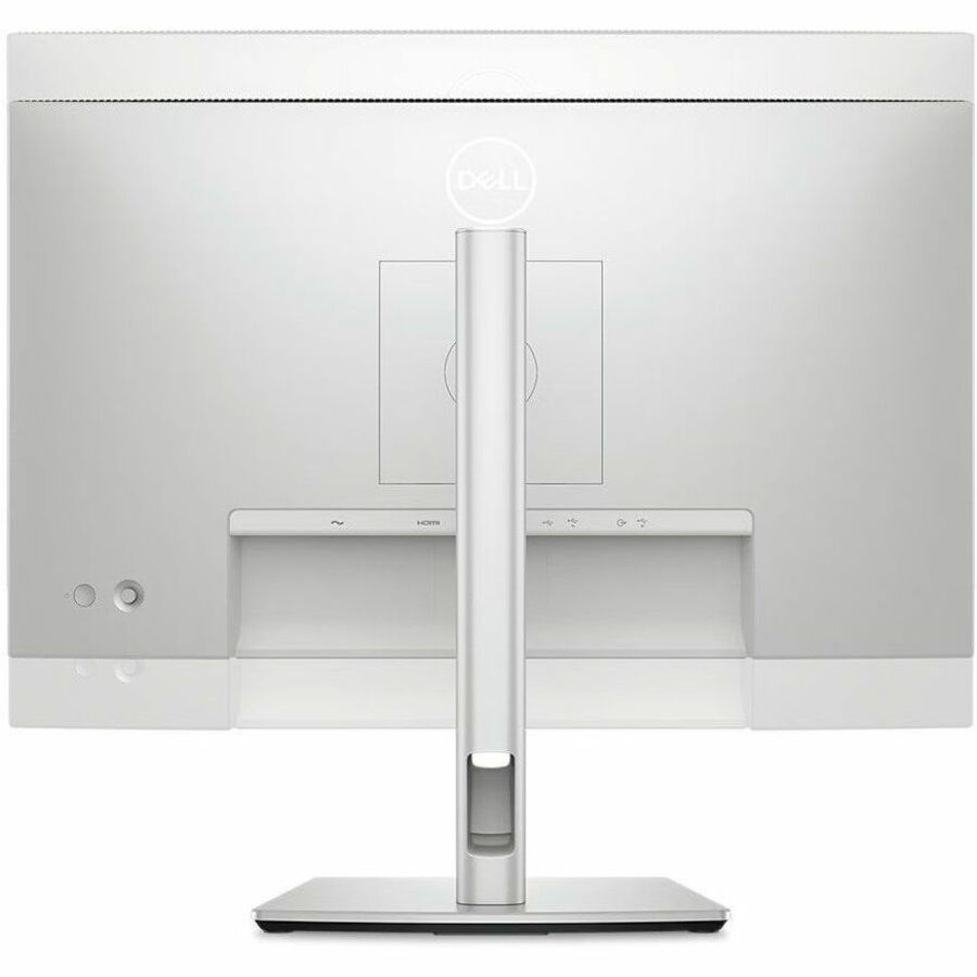 Back view of the Dell U2424H 24-Inch Full HD LED Monitor showcasing a sleek platinum silver design and adjustable stand for optimal comfort.