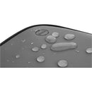 Close-up of water droplets on the Dell EcoLoop Urban CP4523G 15" Weatherproof Backpack, highlighting its weatherproof capabilities and durable gray fabric, ideal for eco-conscious adventurers.