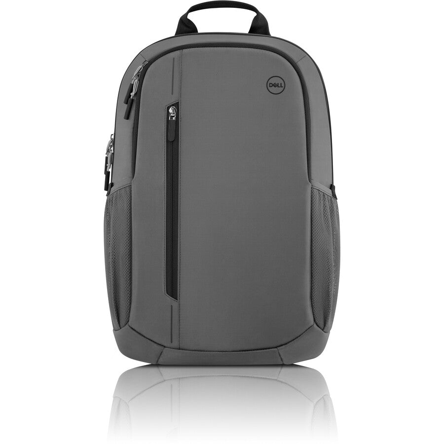 Sleek front view of the Dell EcoLoop Urban CP4523G 15" Weatherproof Backpack in gray, emphasizing its modern design and practical features.
