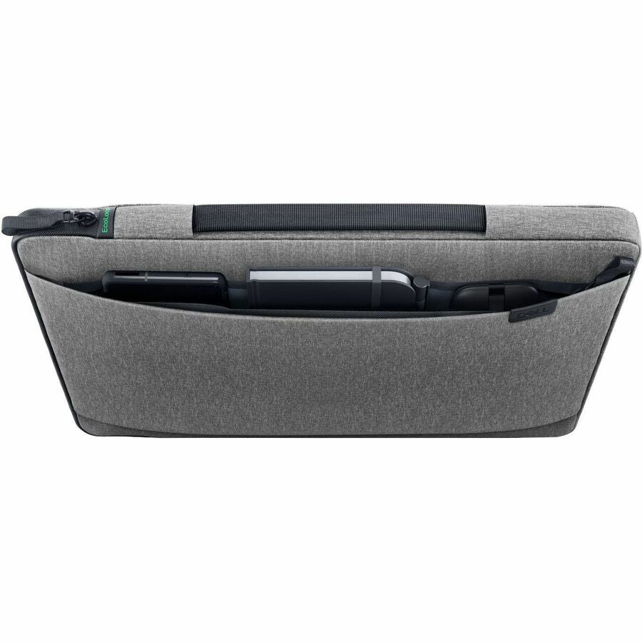 Interior view of the Dell EcoLoop Urban Sleeve for 11-14 Inch Laptops - Heather Gray, showing zippered pocket with accessories neatly stored.