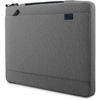 Side view of Dell EcoLoop Urban Sleeve for 11-14 Inch Laptops in Heather Gray, highlighting the retractable handle and minimalistic design for easy portability.