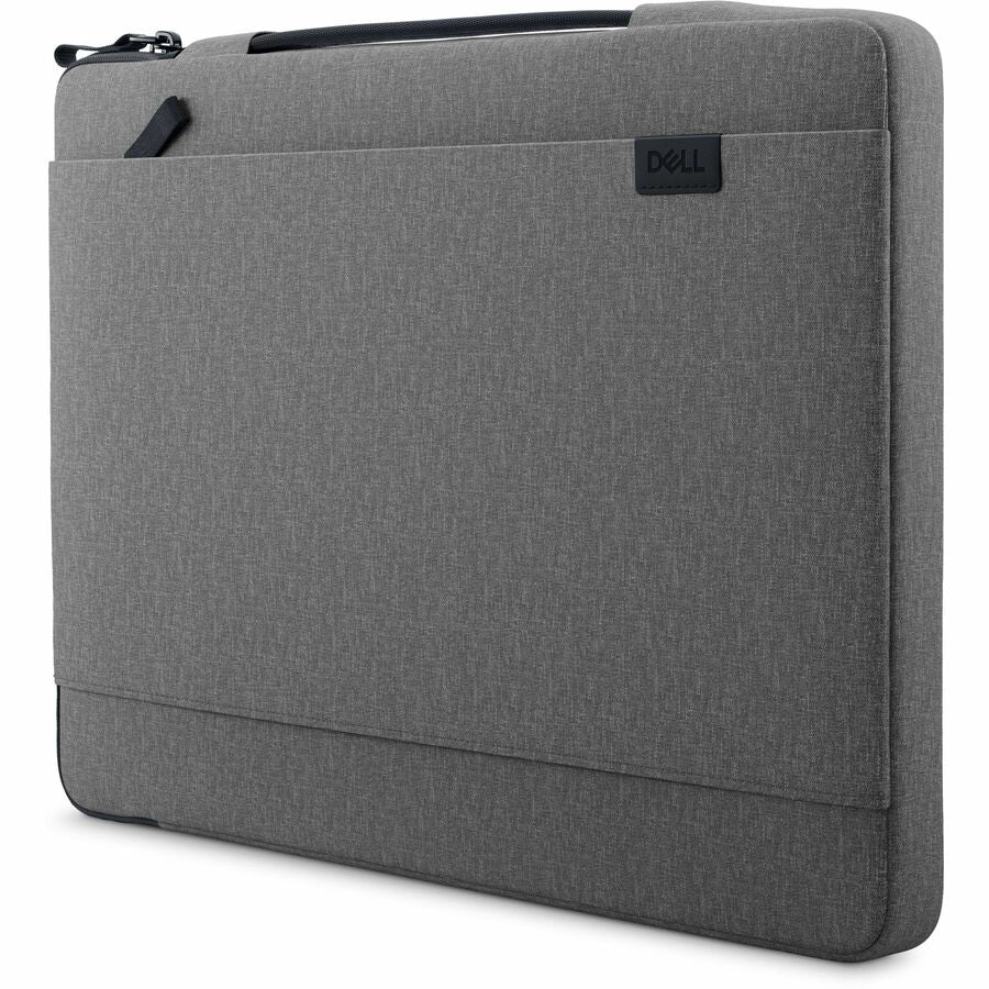 Side view of Dell EcoLoop Urban Sleeve for 11-14 Inch Laptops in Heather Gray, highlighting the retractable handle and minimalistic design for easy portability.