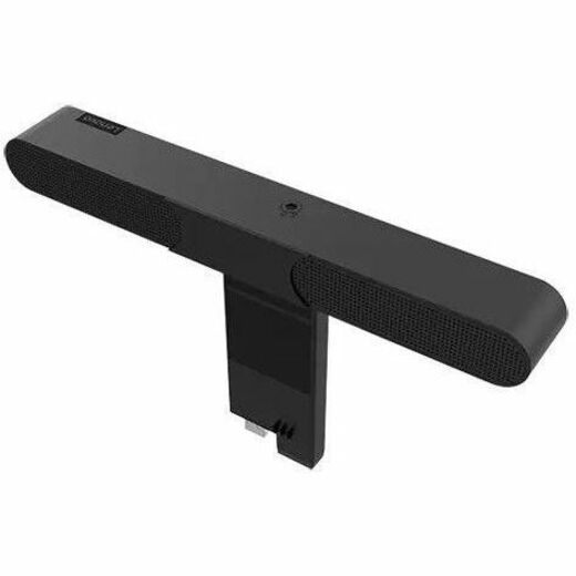 Detailed view of the Lenovo ThinkVision MS30 Soundbar highlighting its modern aesthetics and dual front speakers, perfect for crystal clear meeting audio.