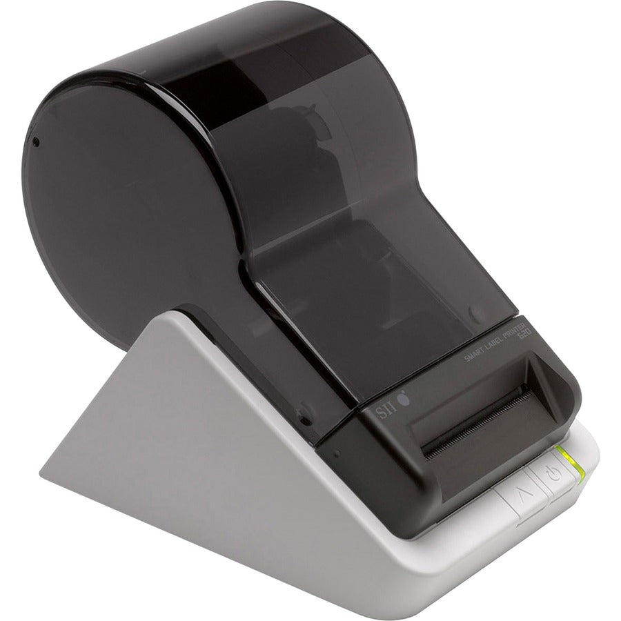 Close-up view of the Seiko 203 DPI Smart Label Printer highlighting its compact design and easy roll loading feature, ideal for quick label tasks.