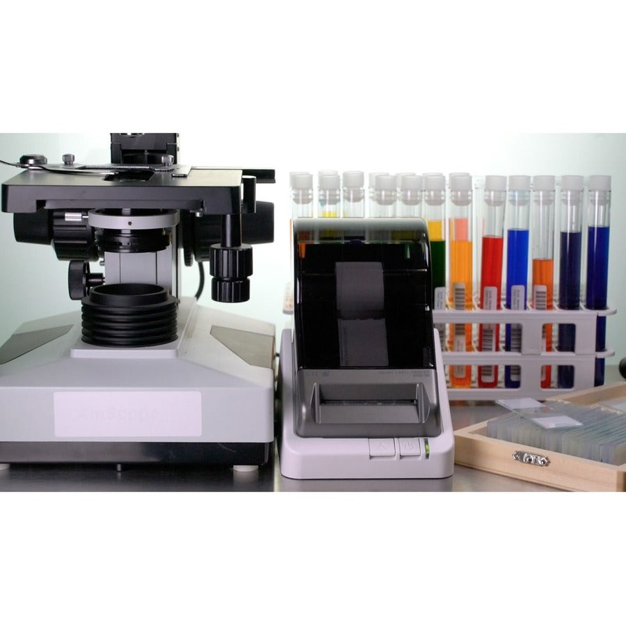 Laboratory environment demonstrating the Seiko 203 DPI Smart Label Printer alongside test tubes, illustrating the printer's versatility in scientific labeling.