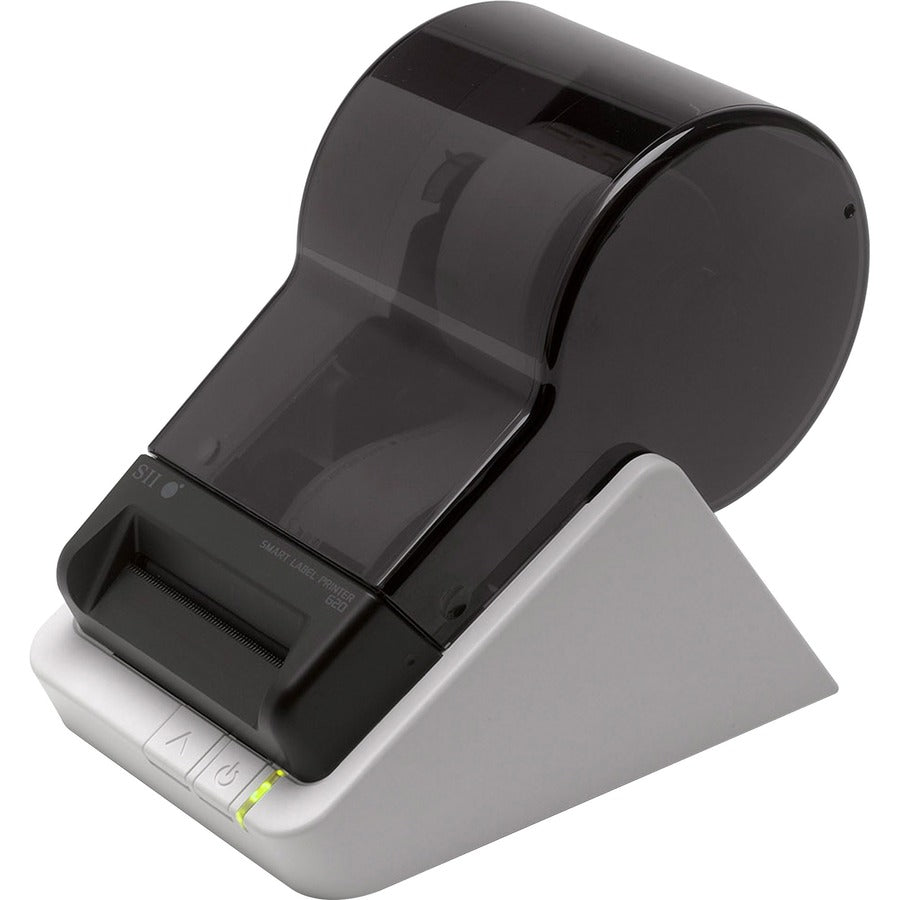 Front view of the Seiko 203 DPI Smart Label Printer demonstrating its sleek design and easy-to-use button interface. Ideal for quick label creation with customizable options.