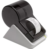 Side view of the Seiko 203 DPI Smart Label Printer in action, printing a label. Experience professional-quality labeling without ink or toner for ultimate efficiency.