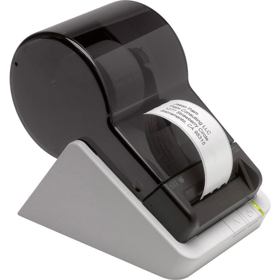 Side view of the Seiko 203 DPI Smart Label Printer in action, printing a label. Experience professional-quality labeling without ink or toner for ultimate efficiency.