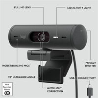 Logitech Brio 500 HD Webcam | Full HD 1080p | Auto Light Correction & Framing | Graphite