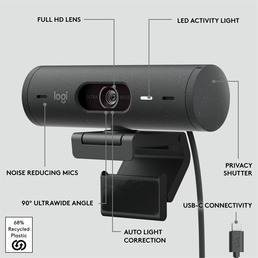 Logitech Brio 500 HD Webcam | Full HD 1080p | Auto Light Correction & Framing | Graphite