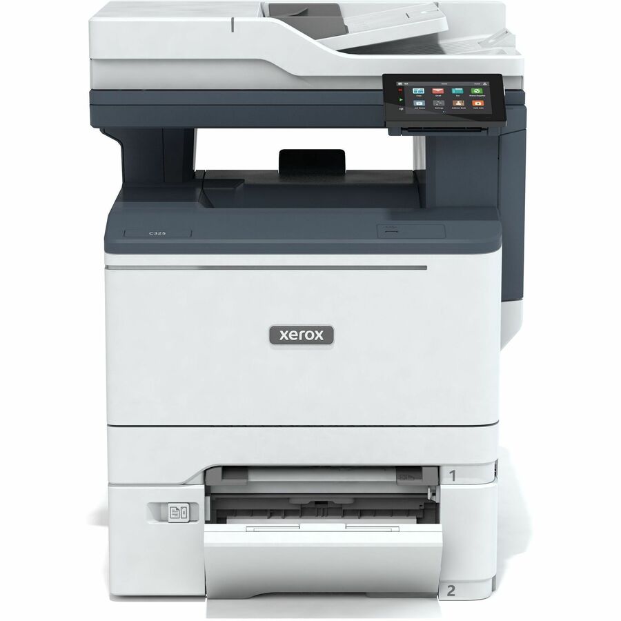 Front view of the Xerox C325 Color Laser Multifunction Printer displaying its robust features for printing, scanning, and faxing, ideal for busy office environments.