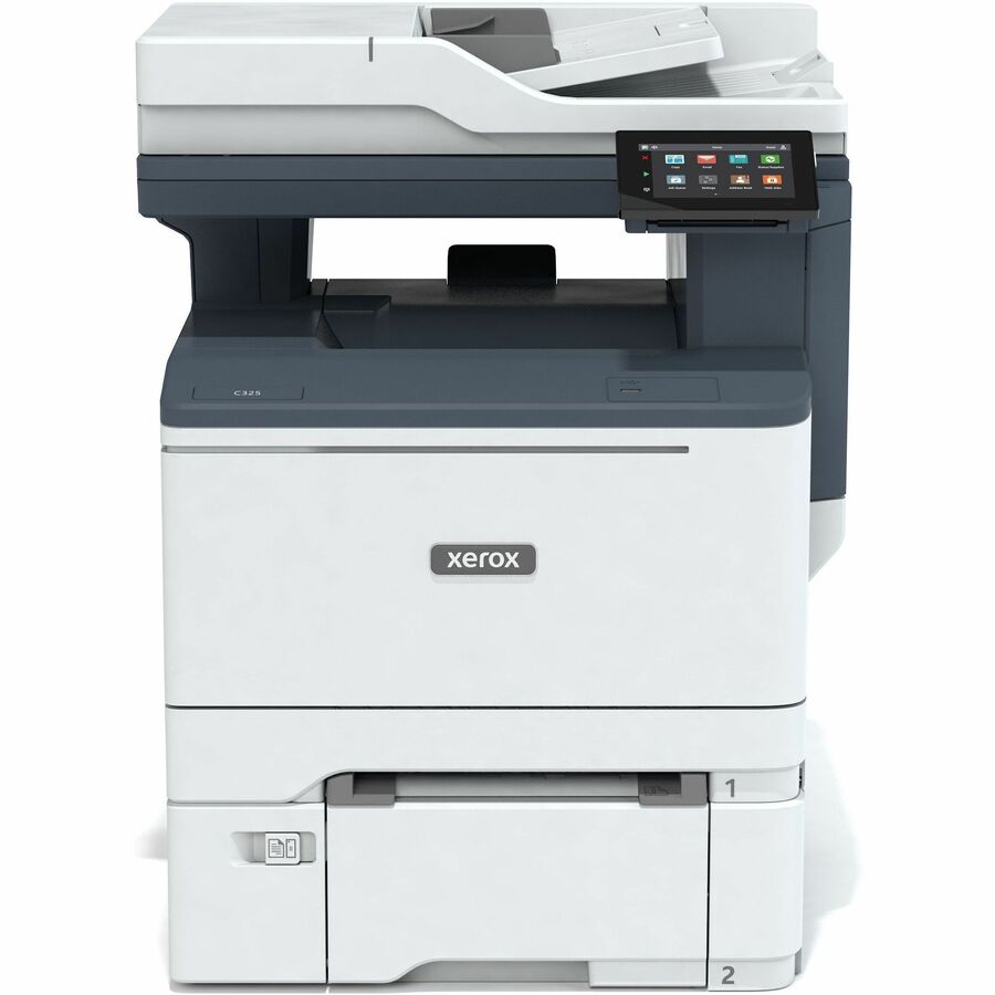 Another angle of the Xerox C325 Color Laser Multifunction Printer, emphasizing its dual paper trays and high-resolution printing capabilities for professional results.