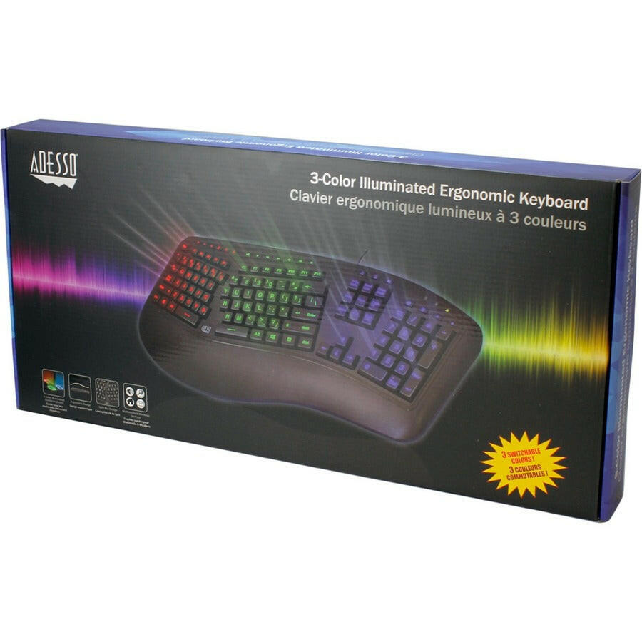 Adesso Tru-Form 150 Ergonomic Keyboard with 3-Color Backlight, Split Key Design, and Integrated Palm Rest