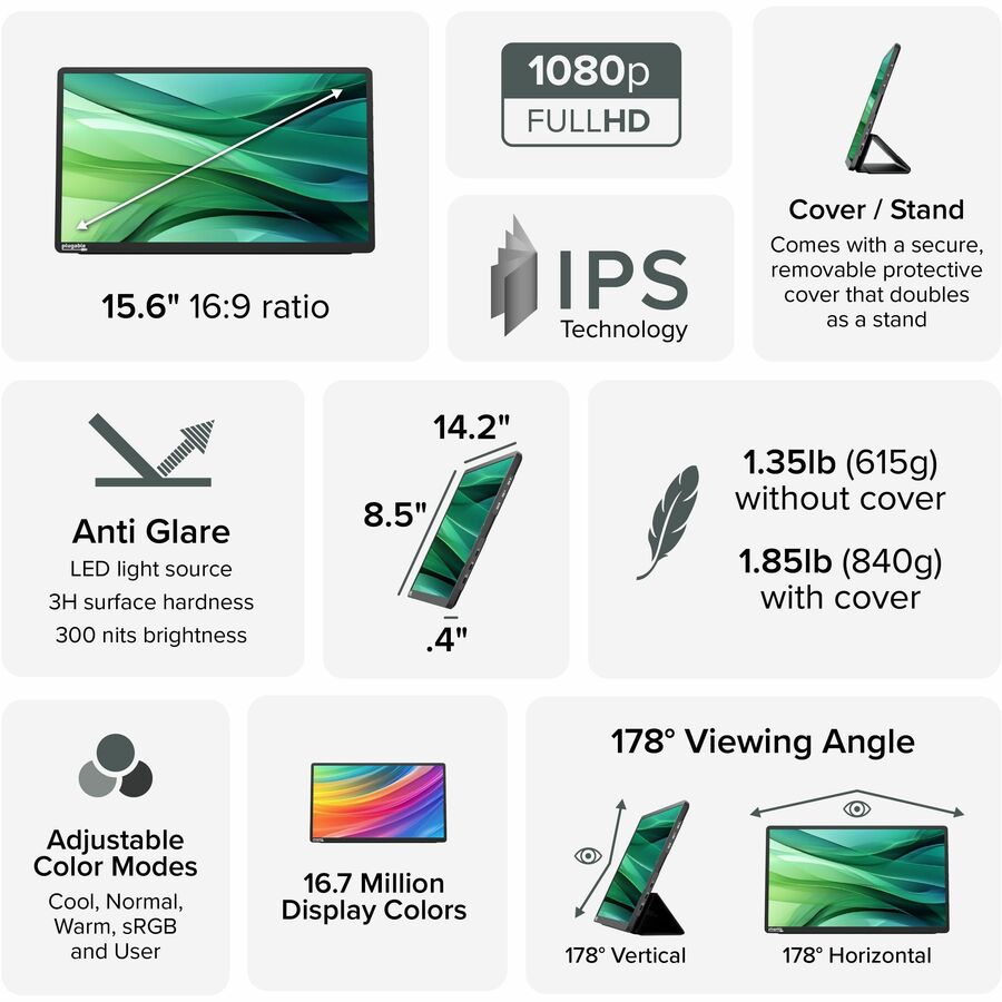 Plugable 15.6" USB-C Portable Monitor with 100W Pass-Through Charging & Dual 10Gbps Hub Ports