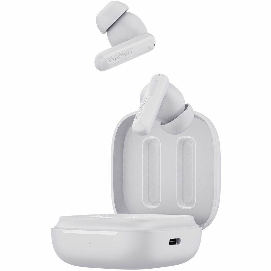 Morpheus 360 Nemesis ANC Wireless Earbuds showcased with their compact charging case, featuring ergonomic design and Bluetooth connectivity for an immersive Hi-Fi sound experience with 30-hour playtime.