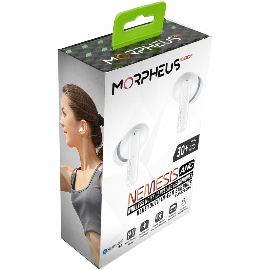Morpheus 360 Nemesis ANC Wireless Earbuds packaging displayed, highlighting advanced noise cancellation technology and Bluetooth capabilities in a visually appealing and stylish box.