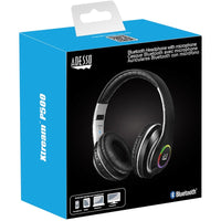 Packaging for the Adesso Xtream P500 Bluetooth Headset, highlighting its features including a microphone and wireless connectivity, perfect for active lifestyles.