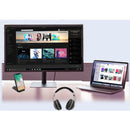 Adesso Xtream P500 Bluetooth Headset displayed with a computer and smartphone setup, demonstrating wireless versatility for immersive audio experiences.
