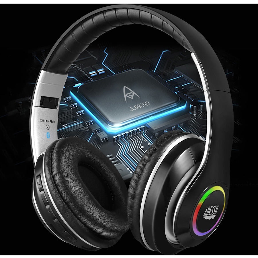 Close-up of the Adesso Xtream P500 Bluetooth Headset components with a focus on the advanced technology featuring a chipset, emphasizing high-quality audio performance.