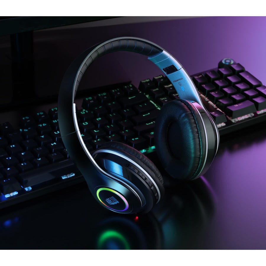 The Adesso Xtream P500 Bluetooth Headset displayed on a gaming setup with vibrant lighting, highlighting its stylish design and versatility for gamers.