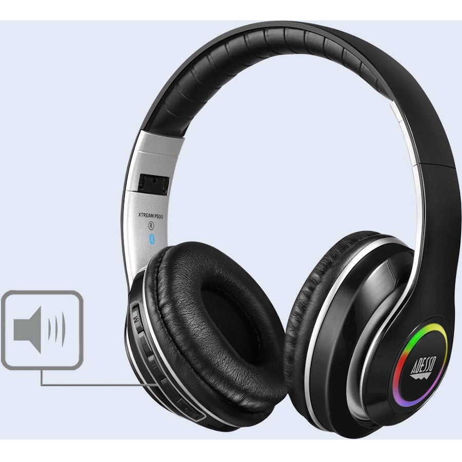 Side view of the Adesso Xtream P500 Bluetooth Headset emphasizing its ergonomic design and adjustable features for maximum comfort during long listening sessions.