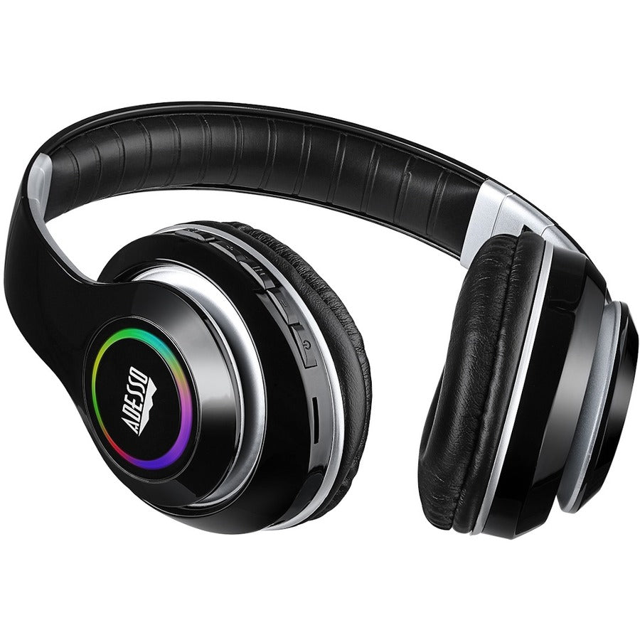 Side view of the Adesso Xtream P500 Bluetooth Headset, focused on its elegant contour and vibrant design elements, perfect for music lovers and active users.