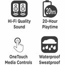 Infographic illustrating features of Morpheus 360 Nemesis TW1800B Wireless Earbuds, including Hi-Fi sound, 20-hour playtime, OneTouch media controls, and waterproof design.