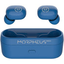 Morpheus Spire Wireless Earbuds BT 5.2 by Morpheus 360, featuring a compact charging case in vibrant blue, emphasizing their 20-hour playtime and immersive sound quality.