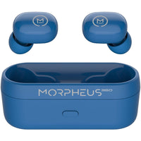 Morpheus Spire Wireless Earbuds BT 5.2 by Morpheus 360, featuring a compact charging case in vibrant blue, emphasizing their 20-hour playtime and immersive sound quality.