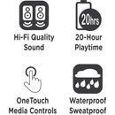 Icon graphics showcasing key features of Morpheus 360 Spire Wireless Earbuds: Hi-Fi Quality Sound, 20-Hour Playtime, One-Touch Media Controls, Waterproof and Sweatproof.