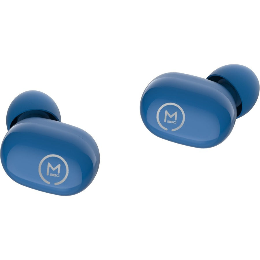 Close-up view of blue Morpheus 360 Spire Wireless Earbuds highlighting sleek design and premium sound quality.