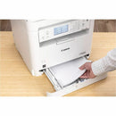 A user demonstrating the paper tray of the Canon MF289dw Monochrome All-in-One Wireless Laser Printer, emphasizing its 250-sheet capacity and easy paper access.