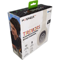 Morpheus 360 TREMORS wireless headphones packaging highlighting Bluetooth connectivity and built-in microphone, ideal for on-the-go listening.