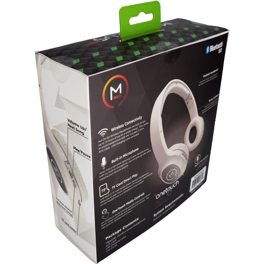 Back view of Morpheus 360 TREMORS 4500W headset box emphasizing wireless features, OneTouch media controls, and TF card compatibility.