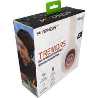 Packaging of Morpheus 360 TREMORS Wireless On-Ear Headphones with focus on the built-in microphone and youth-oriented design, showcasing its appeal for all ages.