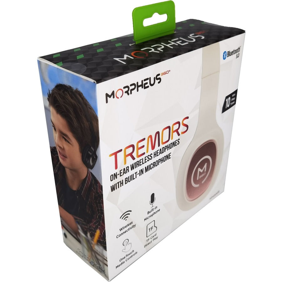 Packaging of Morpheus 360 TREMORS Wireless On-Ear Headphones with focus on the built-in microphone and youth-oriented design, showcasing its appeal for all ages.