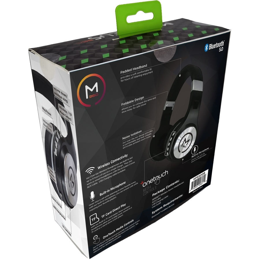 Morpheus 360 Serenity Wireless Over-Ear Headphones packaging showcasing features like wireless connectivity and a foldable design, perfect for music lovers.