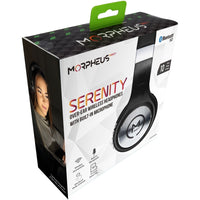 Morpheus 360 Serenity Wireless Over-Ear Headphones box highlighting built-in microphone and Bluetooth 5.0 technology, ideal for seamless audio experiences.