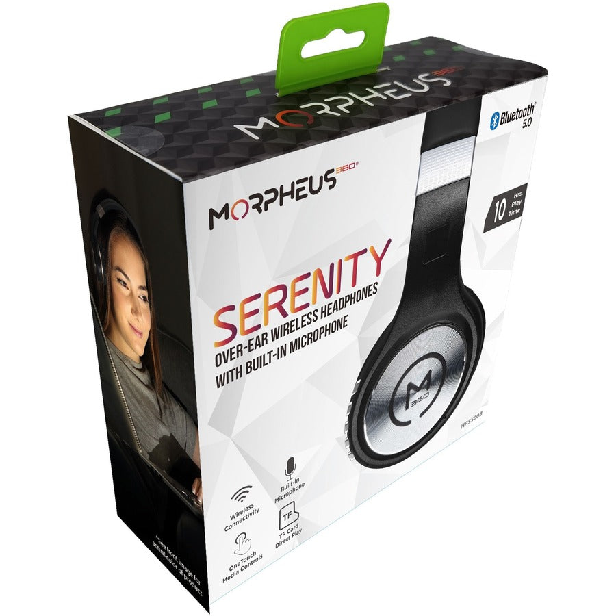 Morpheus 360 Serenity Wireless Over-Ear Headphones box highlighting built-in microphone and Bluetooth 5.0 technology, ideal for seamless audio experiences.