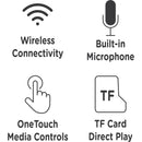 Infographic showing features of Morpheus 360 Serenity Wireless Over-Ear Headphones, including wireless connectivity, built-in microphone, and OneTouch media controls.