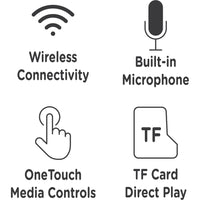 Infographic showing features of Morpheus 360 Serenity Wireless Over-Ear Headphones, including wireless connectivity, built-in microphone, and OneTouch media controls.