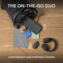 Logitech Pebble 2 Combo - Wireless Keyboard & Mouse, Logi Bolt, Quiet & Eco-Friendly Design featured in a lightweight and portable setup, emerging from a stylish backpack, showcasing its ideal on-the-go convenience.